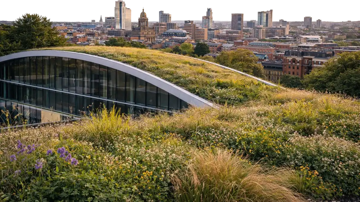 A gRoof living green roof system, densely planted, installed on a city building