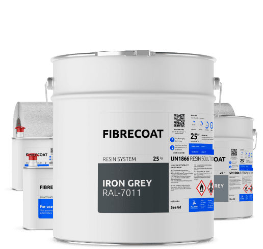 A 25kg tin of Fibrecoat single-component fibreglass roofing resin in Iron Grey, RAL 7011