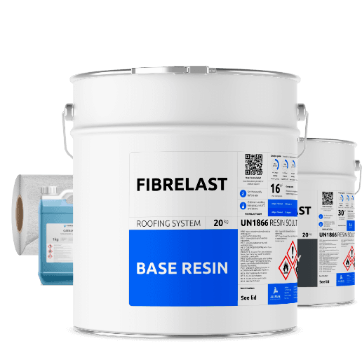 A tin of Fibrelast cold-applied GRP roofing resin with the fibreglass reinforcement