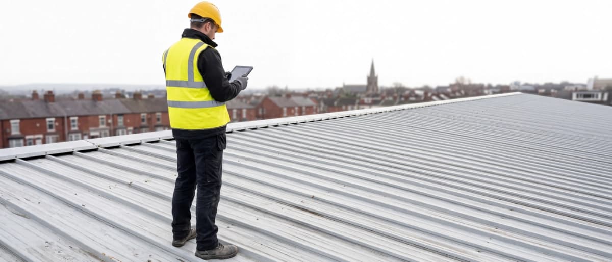 Roofing surveyor inspecting a standing-seam metal roof on a commercial building, with a UK town skyline beyond