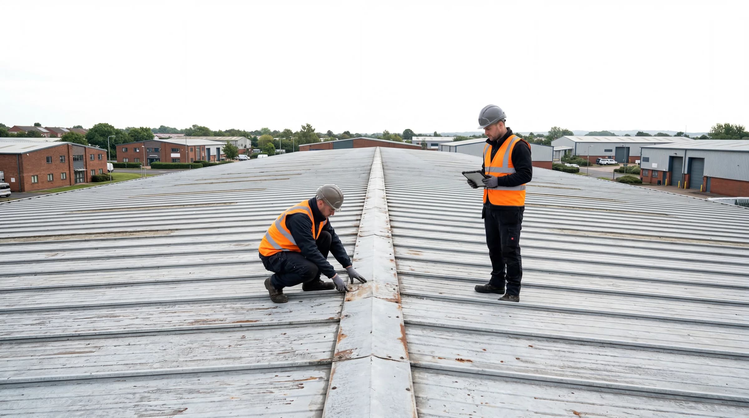 Two roofing operatives inspecting an ageing profiled metal roof on a UK industrial estate