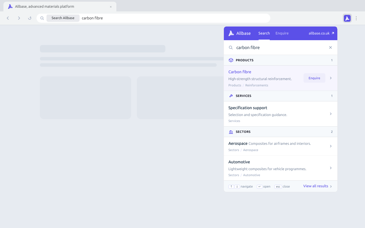 The Companion popup showing grouped search results for carbon fibre