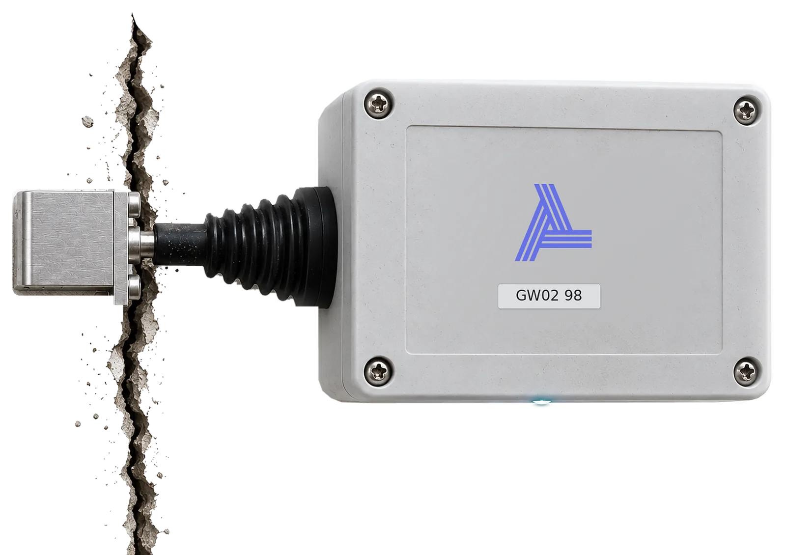 Allbase crack monitoring sensor fixed beside a crack in a concrete wall, with its displacement transducer bridging the crack