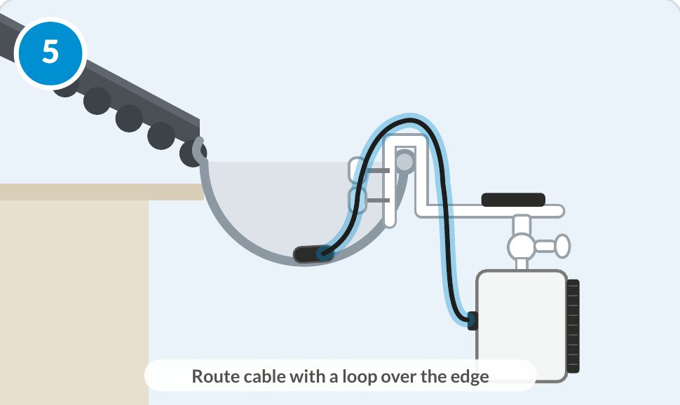 Step 5: the sensor cable routed over the front edge of the gutter with a loose loop